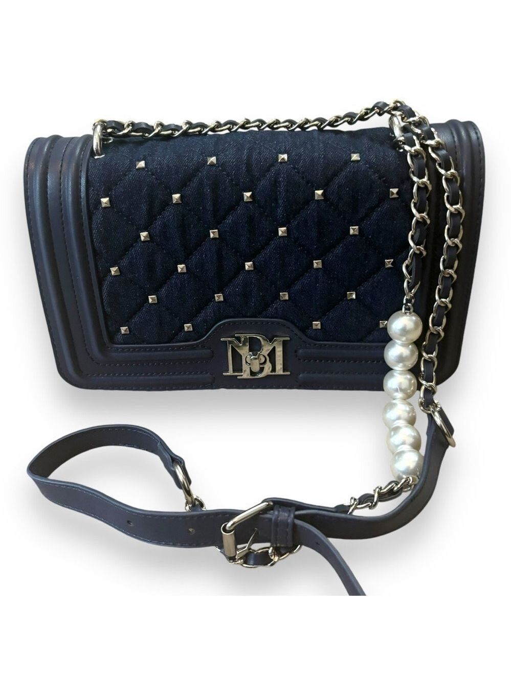 Badgley Mischka Denim BlueVegan Leather Studded Pearl Crossbody Bag